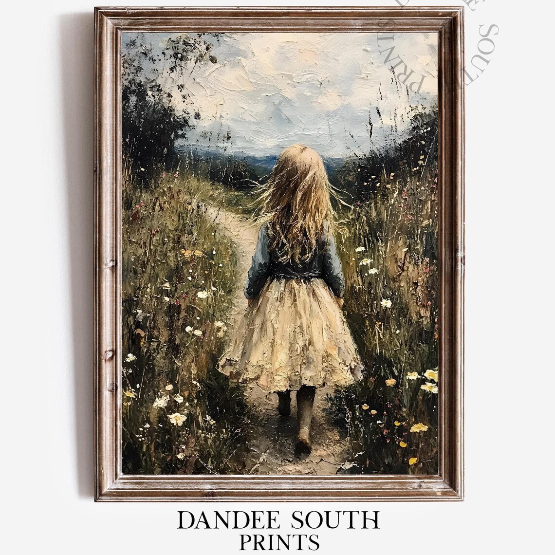 Vintage Little Girl Art Print, Country Path Wildflowers