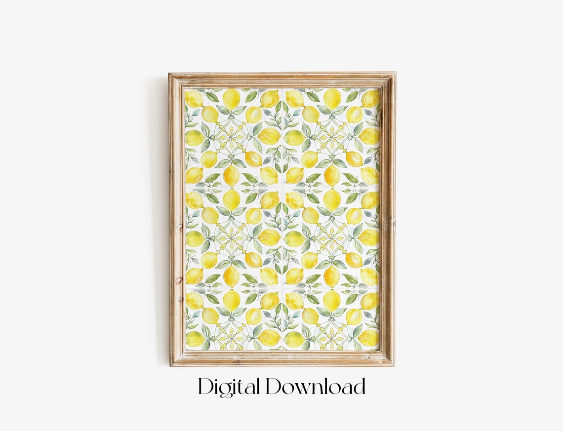 Yellow Lemon Tile Pattern Mediterranean Kitchen Summer Wall Art - Image 2