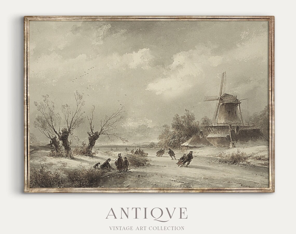 Vintage Ice Skating Painting, Snowy Landscape
