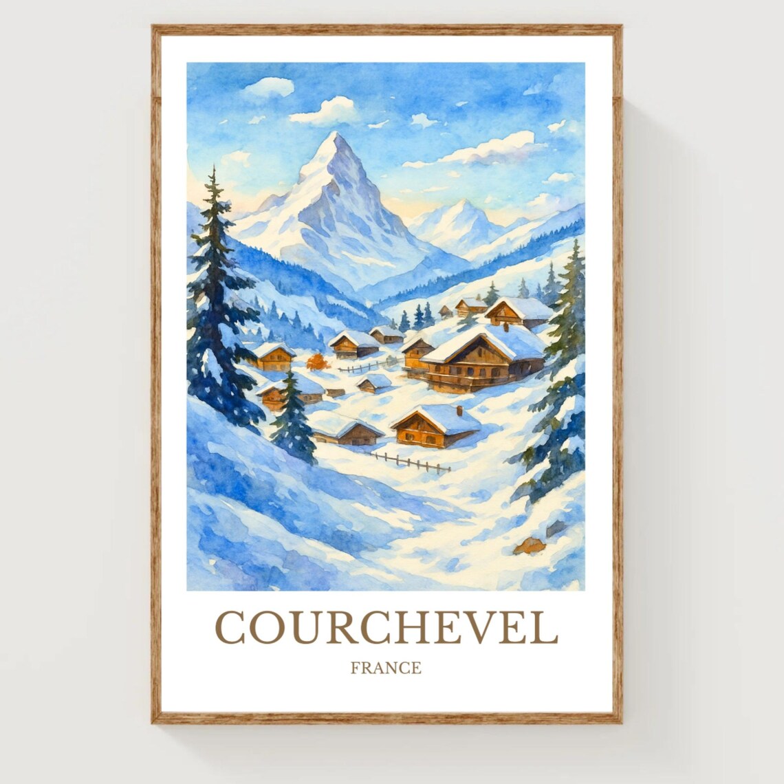 Courchevel France Snowy Alpine Village Watercolor Travel Poster