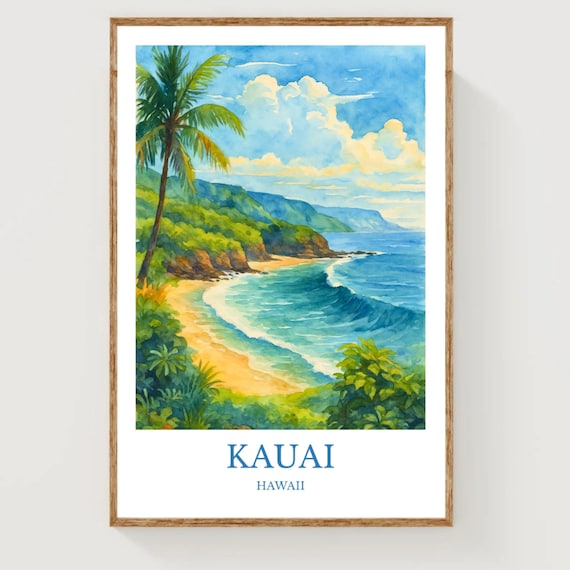 Kauai Hawaii Palm Beach Cove Turquoise Water Watercolor Travel Poster