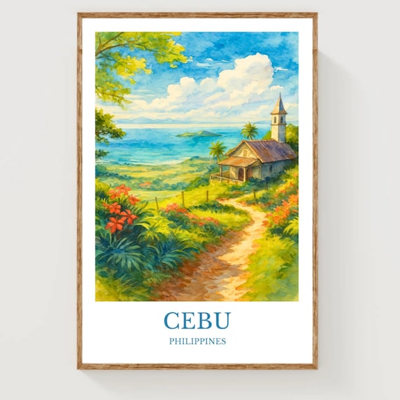 Cebu Philippines Hillside Chapel Tropical Coast Watercolor Poster