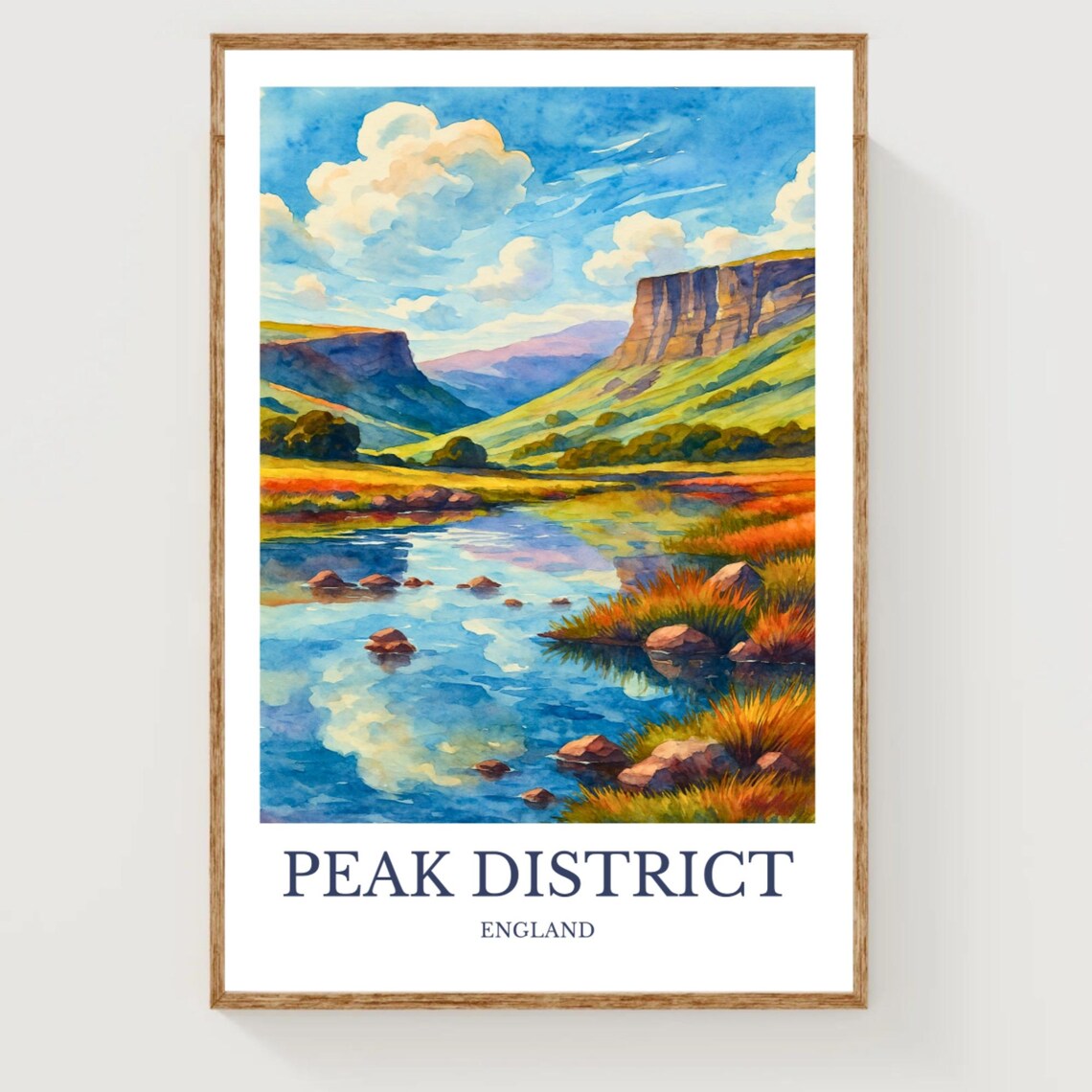 Peak District England Watercolor River Valley Scenic Travel Poster