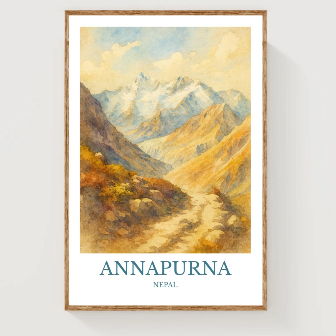 Annapurna Nepal Golden Valley Snow Peak Watercolor Travel Poster