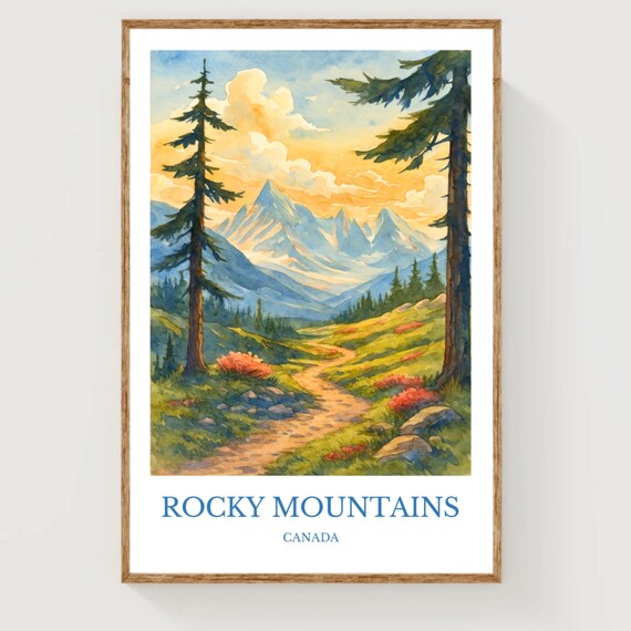 Rocky Mountains Canada Alpine Trail Watercolor Travel Poster
