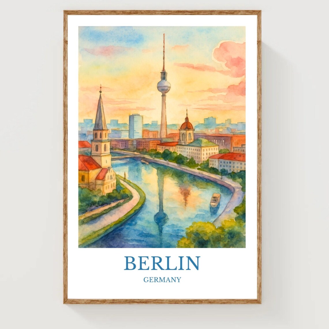 Berlin Germany Fernsehturm Tower Watercolor Skyline Travel Poster