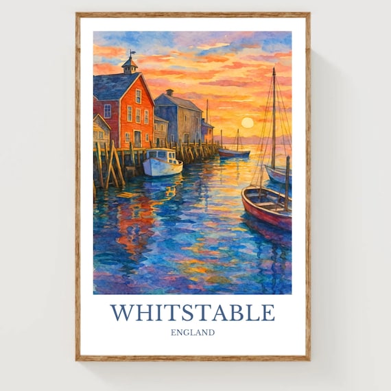 Whitstable England Harbor Sunset Fishing Huts Watercolor Poster