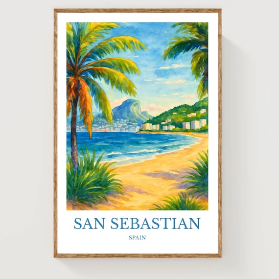 San Sebastian Spain Beach Palms Watercolor Vintage Travel Poster Art