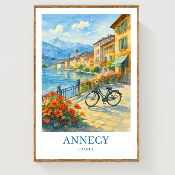 Annecy France Lakeside Bicycle Flowers Old Town Watercolor Poster
