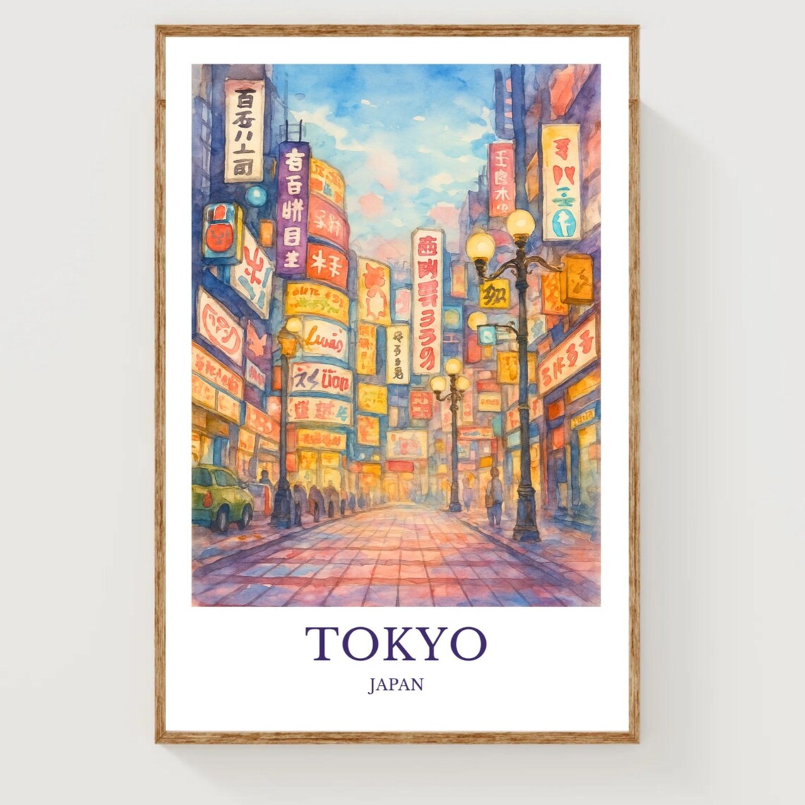 Tokyo Japan Watercolor Night Street Travel Poster Neon Signs