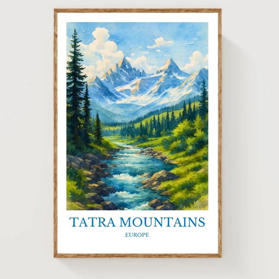 Tatra Mountains Europe Snowy Peaks River Watercolor Travel Poster