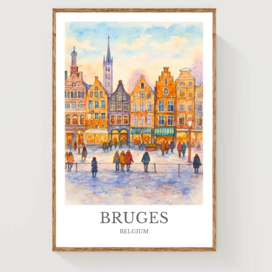 Bruges Belgium Snowy Old Town Square Watercolor Travel Poster