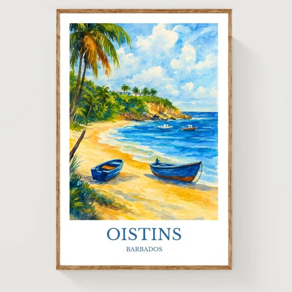 Oistins Barbados Watercolor Fishing Boats Beach Palm Travel Poster