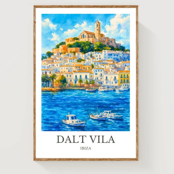 Dalt Vila Ibiza Old Harbor Watercolor Mediterranean Travel Poster