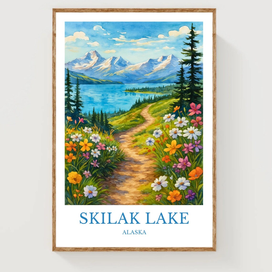 Skilak Lake Alaska Wildflower Trail Mountain Watercolor Art Poster