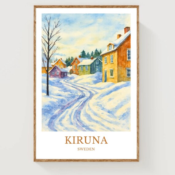 Kiruna Sweden Snowy Village Winter Watercolor Travel Scene Poster