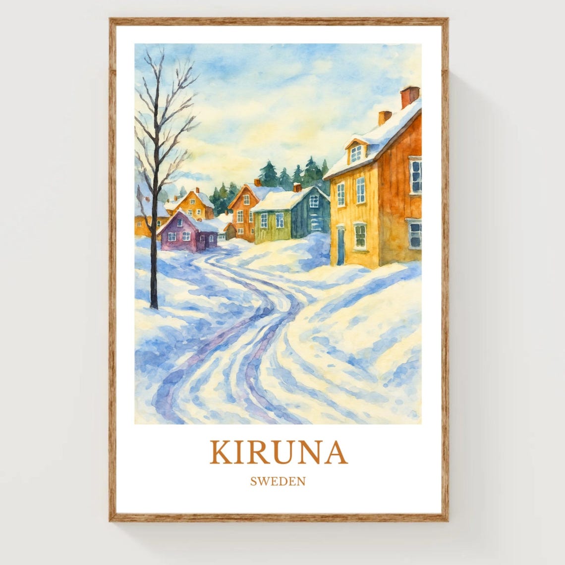 Kiruna Sweden Snowy Village Winter Watercolor Travel Scene Poster