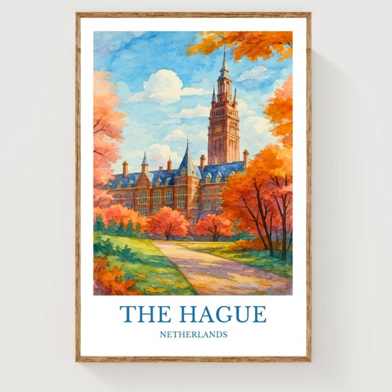 The Hague Netherlands Peace Palace Autumn Trees Watercolor Poster