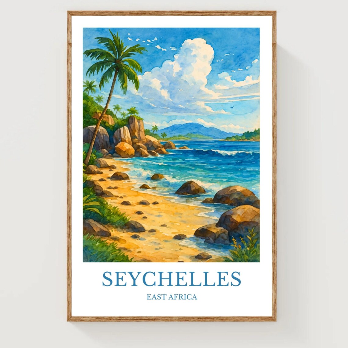 Seychelles East Africa Watercolor Tropical Beach Scene Travel Poster