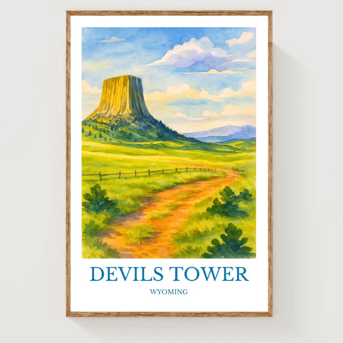 Devils Tower Wyoming Watercolor National Monument Landscape Travel Poster