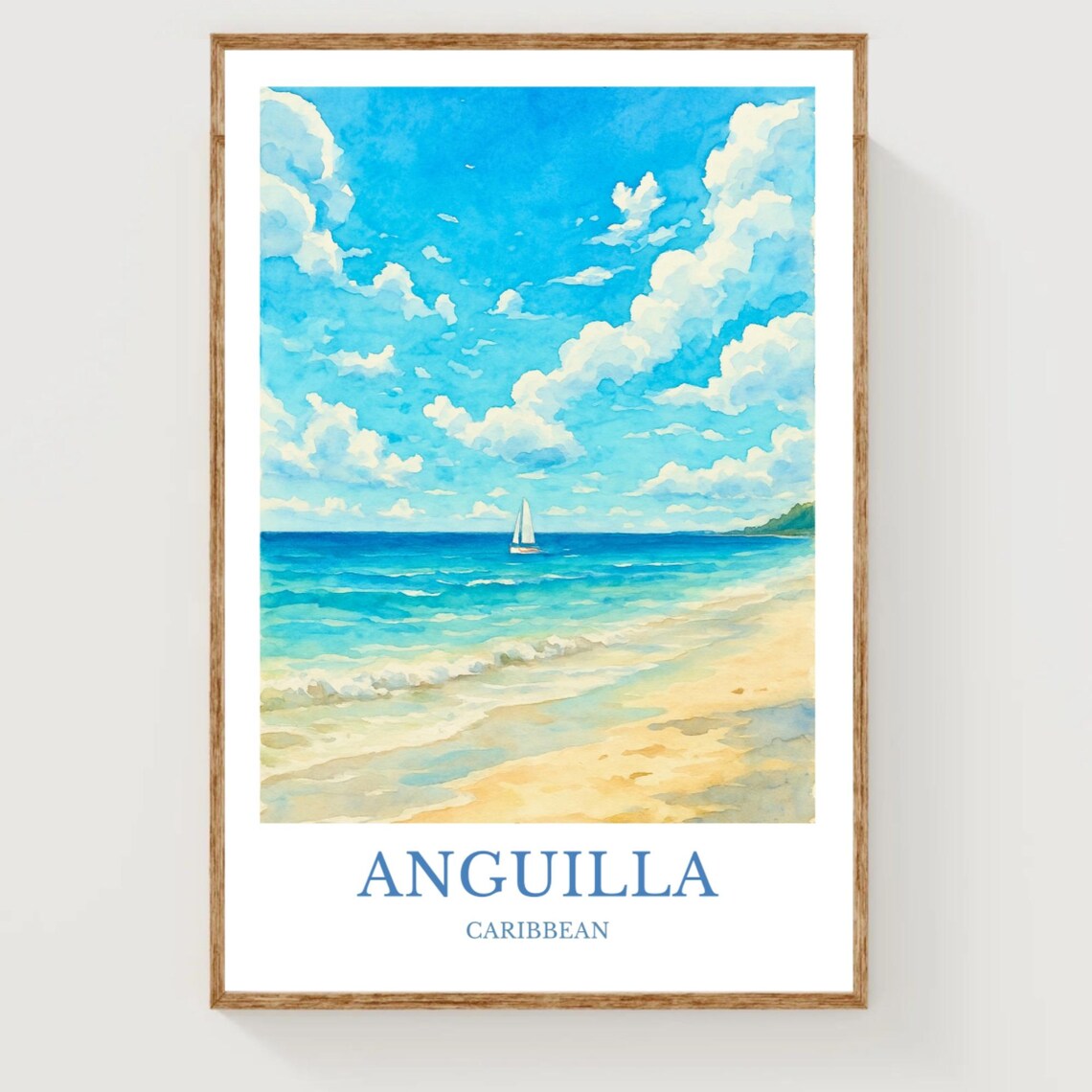 Anguilla Caribbean Tropical Beach Sailboat Watercolor Travel Poster