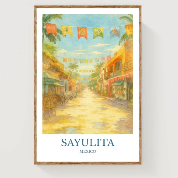 Sayulita Mexico Festive Street with Papel Picado Flags Poster