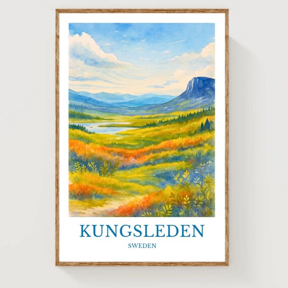 Kungsleden Sweden Autumn Valley Watercolor Hiking Trail Travel Art Poster