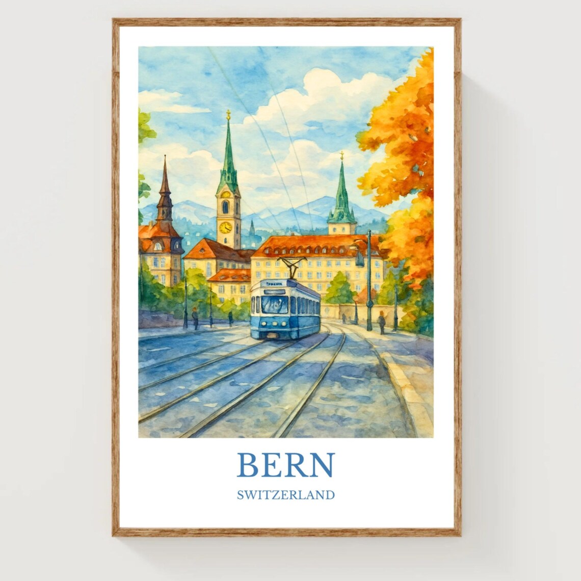 Bern Switzerland Blue Tram Old Town Autumn Watercolor Travel Poster