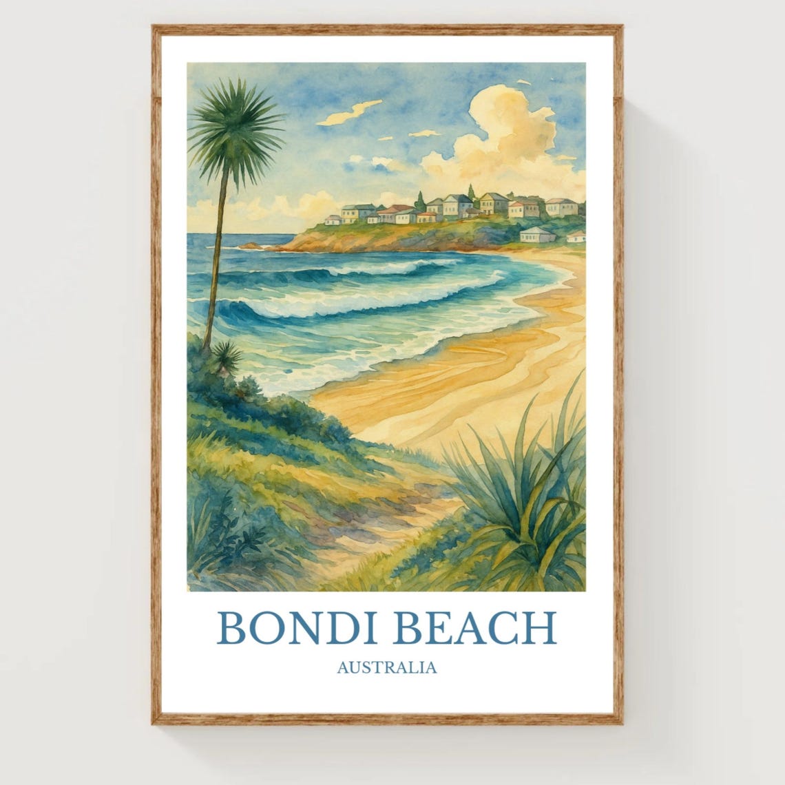 Bondi Beach Australia Palm Lined Shore Rolling Waves Watercolor Poster