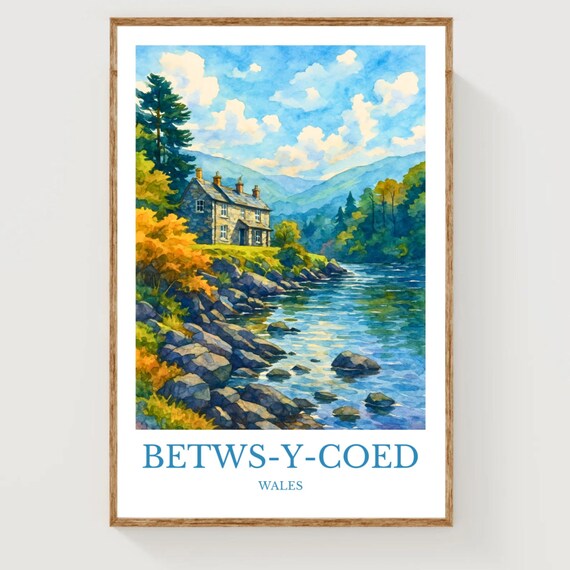 Betws-Y-Coed Wales Riverside Cottage Watercolor Travel Poster