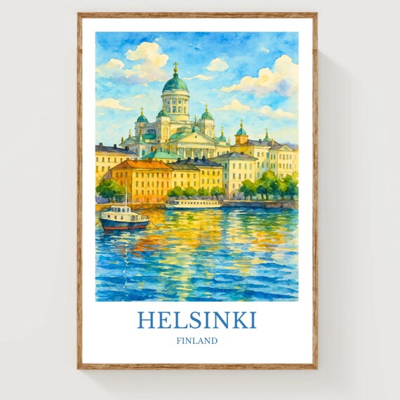 Helsinki Finland Watercolor Travel Poster with Cathedral Harbor