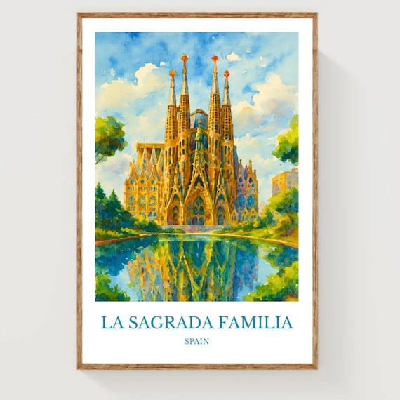 La Sagrada Familia Spain Watercolor Travel Poster Gaudi Basilica Reflection
