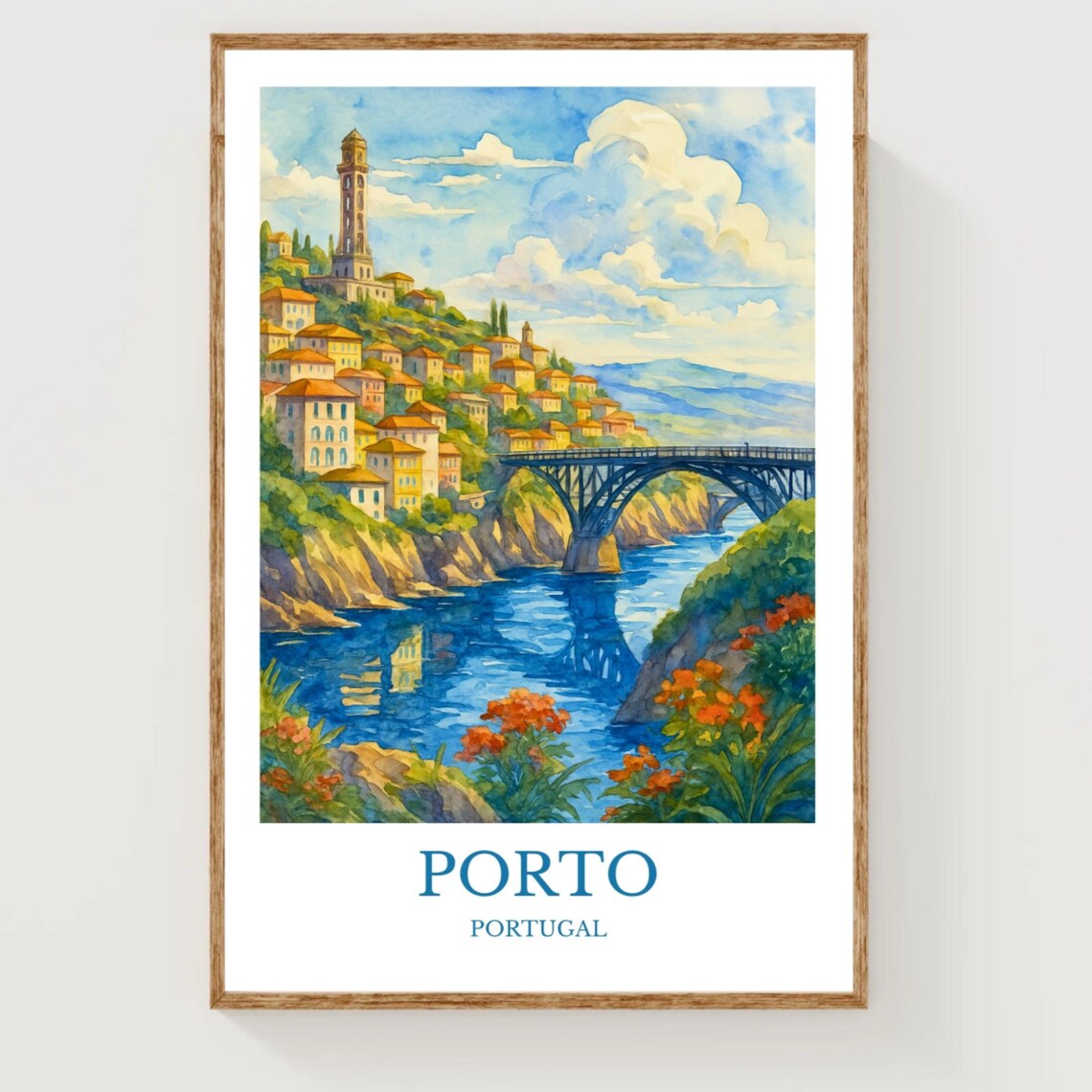Porto Portugal River Bridge Old Town Watercolor Travel Poster