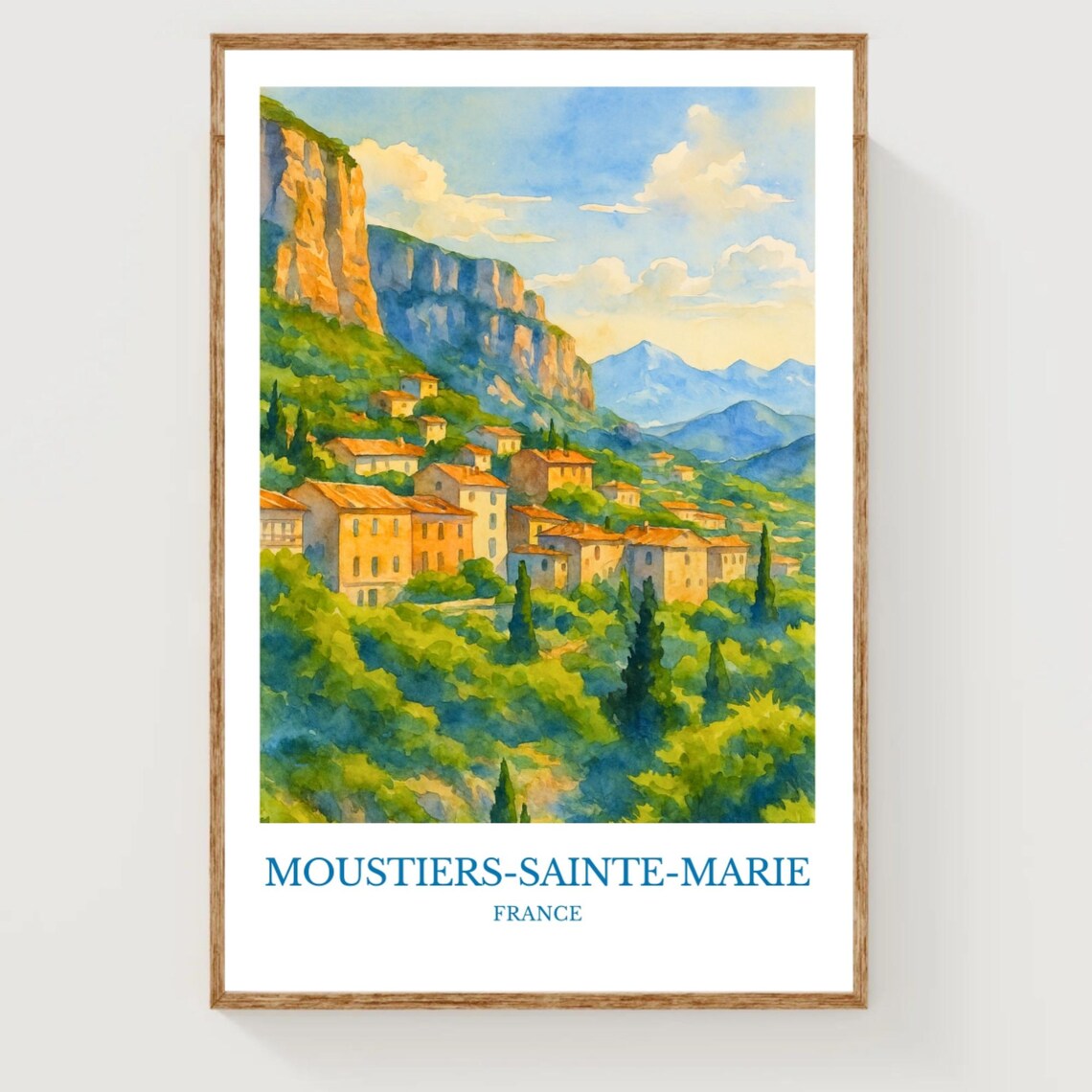 Moustiers Sainte Marie France Watercolor Hilltop Village Cliff Poster