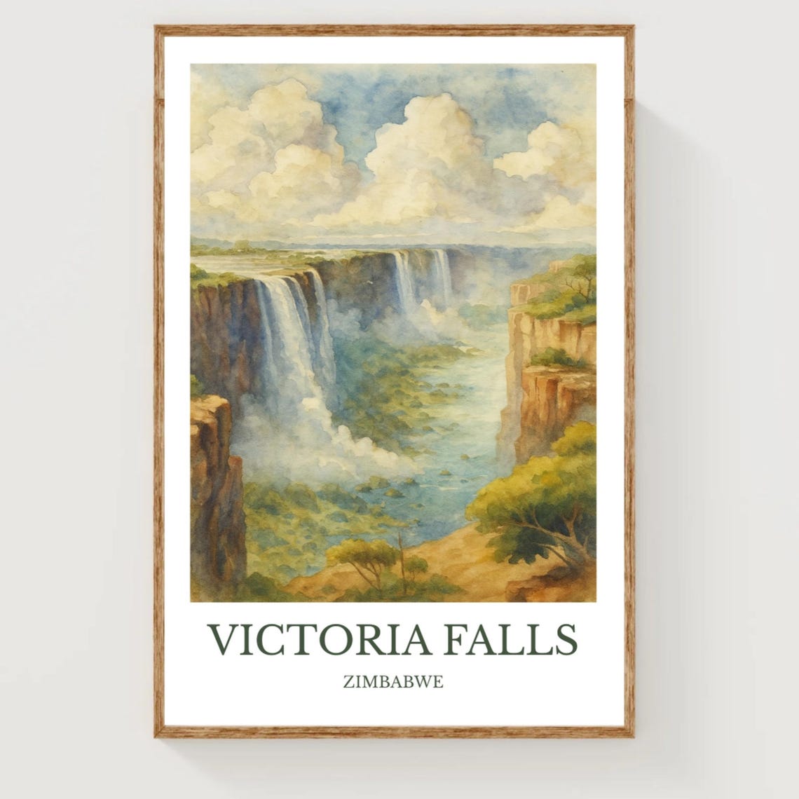 Victoria Falls Zimbabwe Watercolor Misty Gorge Travel Poster