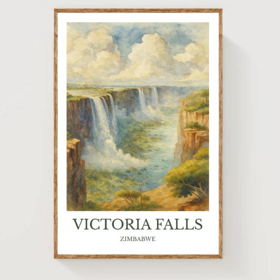 Victoria Falls Watercolor Design Poster Zimbabwe Print Wall Art