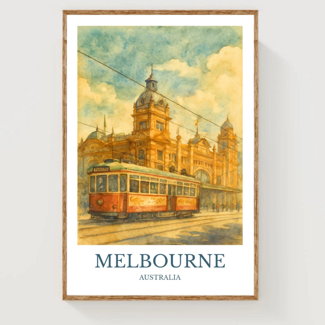Melbourne Tram Station Watercolor Australia City Travel Poster
