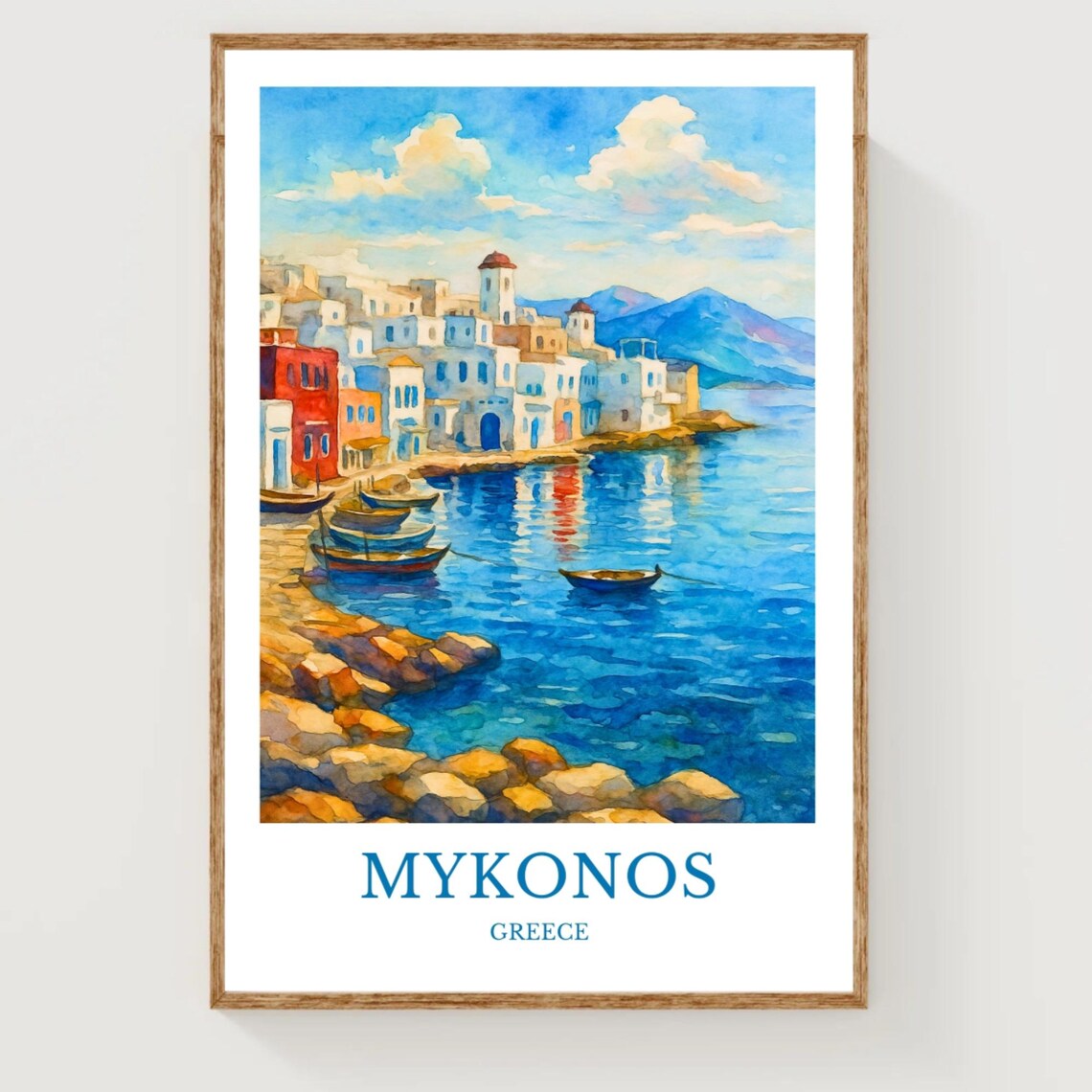 Mykonos Greece Watercolor Harbor Boats White Village Seaside Poster