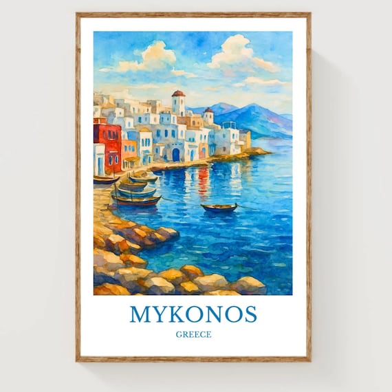 Mykonos Greece Watercolor Harbor Boats White Village Seaside Poster