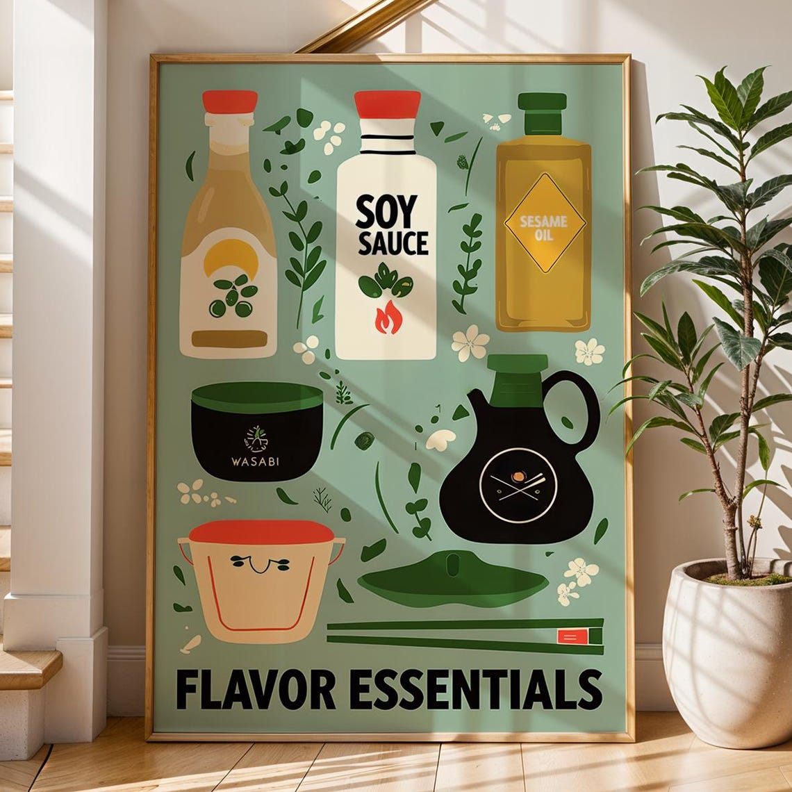 Flavor Essentials Japanese Condiments Soy Sauce Wasabi Kitchen Poster