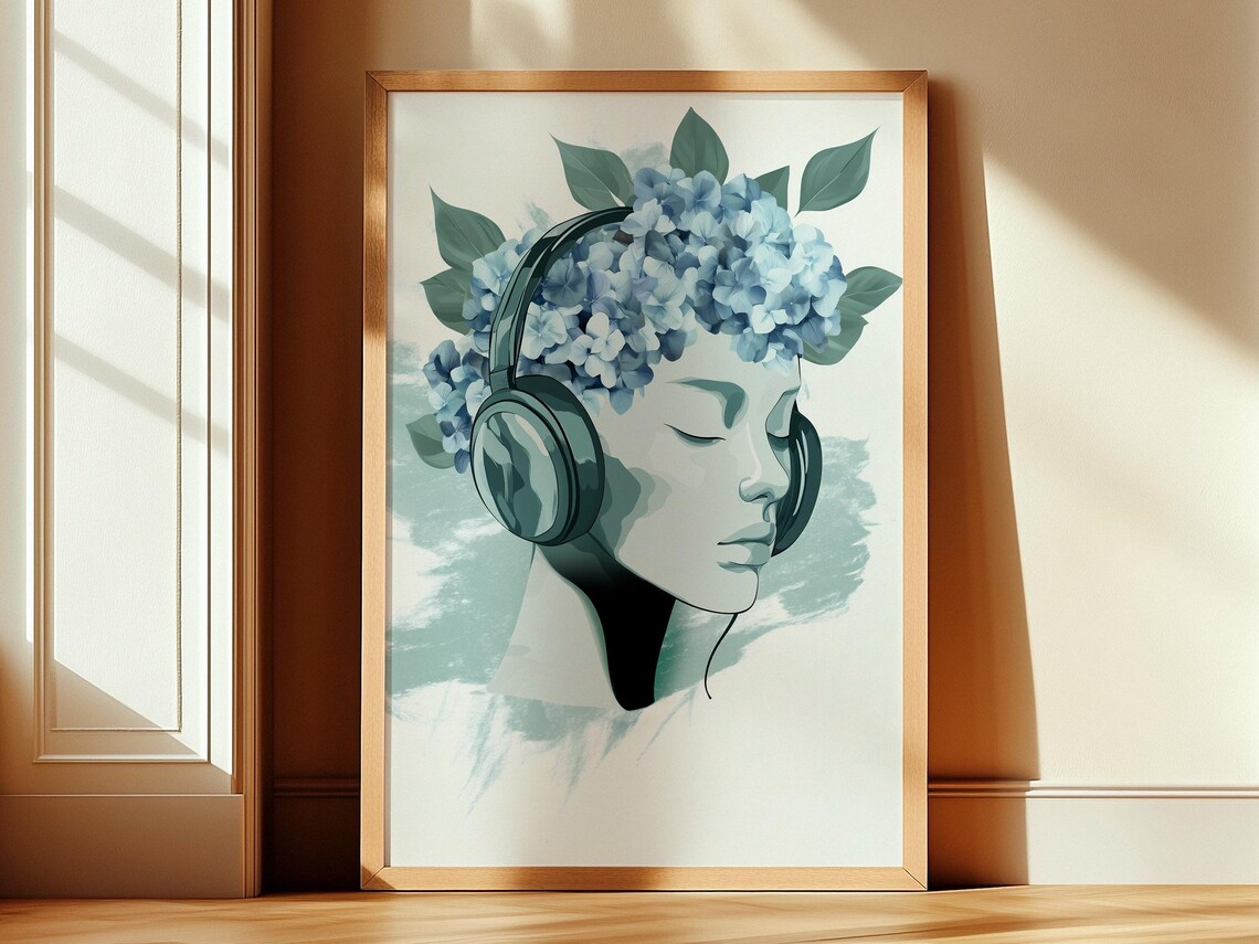 Woman with Headphones and Blue Hydrangeas Music Lover Art Poster
