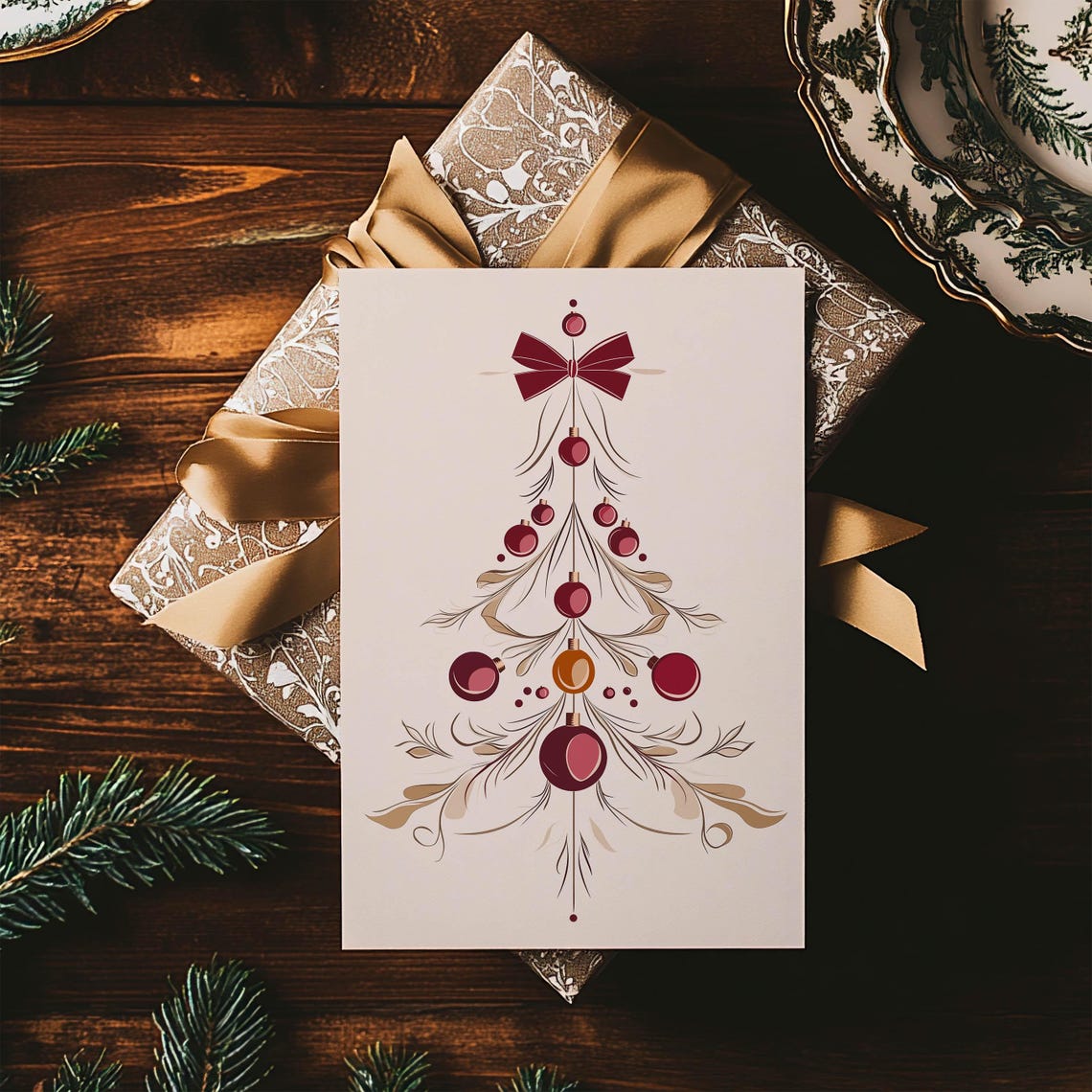 Abstract Line Art Christmas Tree Red Ornaments Holiday Poster - Image 2
