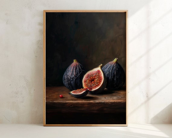Fig On The Table Artwork Rustic Cottage Wall Art Vintage Oil Painting Style Print Art Fruit Still Life Composition Kitchen Interior