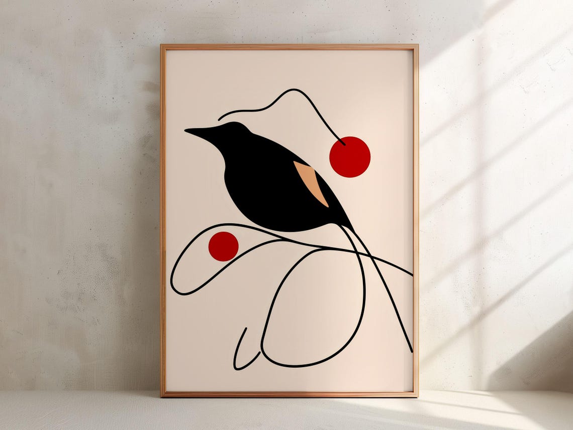 Abstract Black Bird Red Sun Minimalist Modern Line Art Poster
