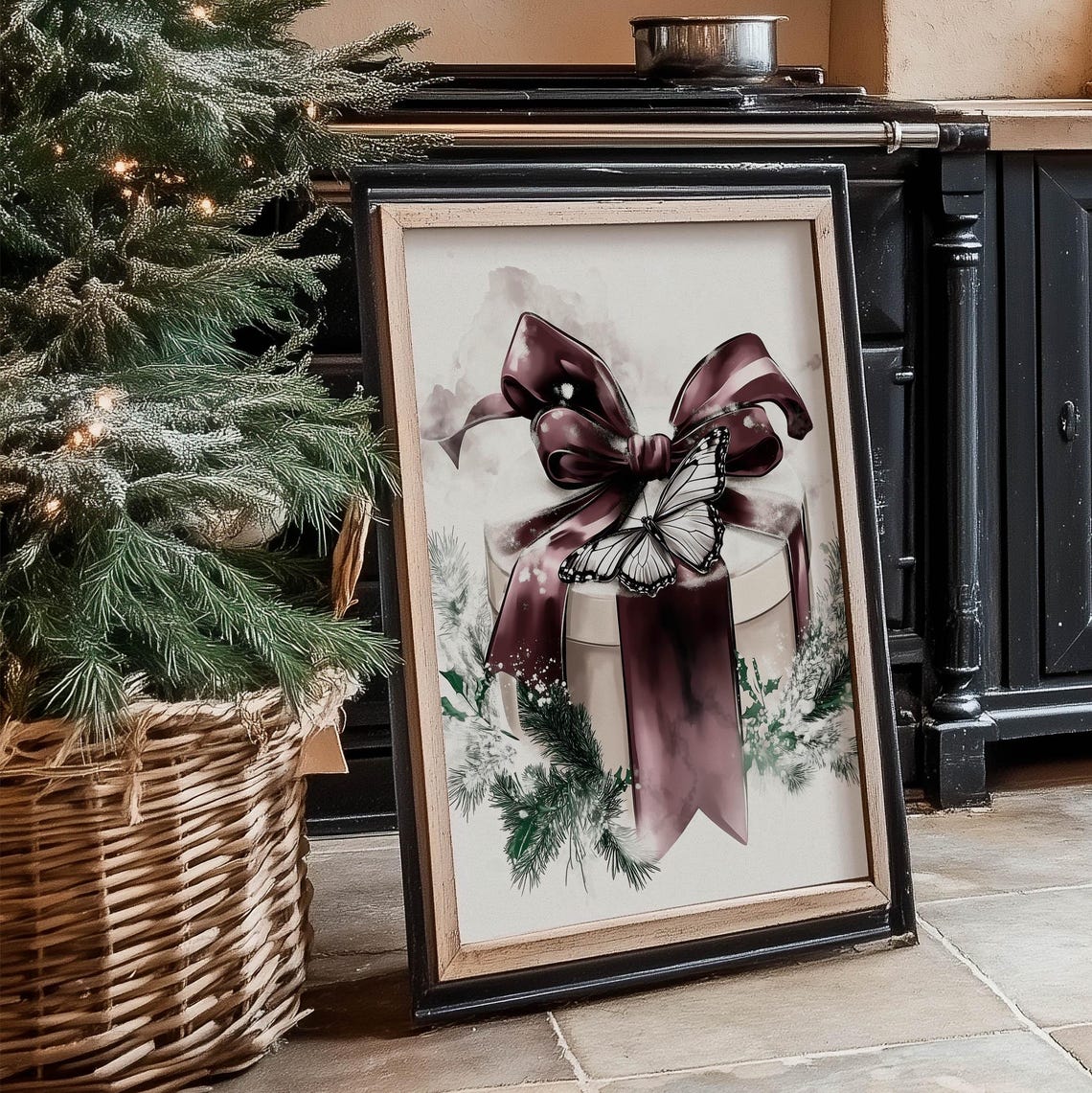 Dark Plum Bow Watercolor Christmas Gift Box With Butterfly Art Poster - Image 3