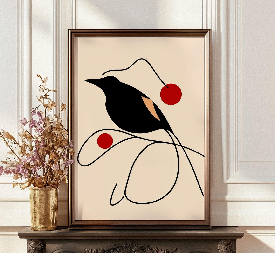 Abstract Black Bird Red Sun Minimalist Modern Line Art Poster - Image 2