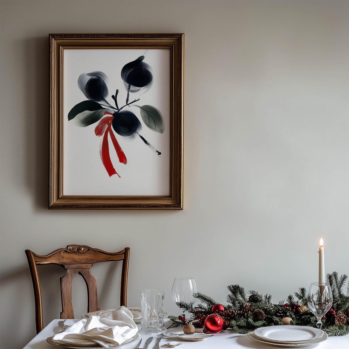 Ink Plum Branch Red Ribbon Watercolor Art and Greeting Card Poster - Image 2