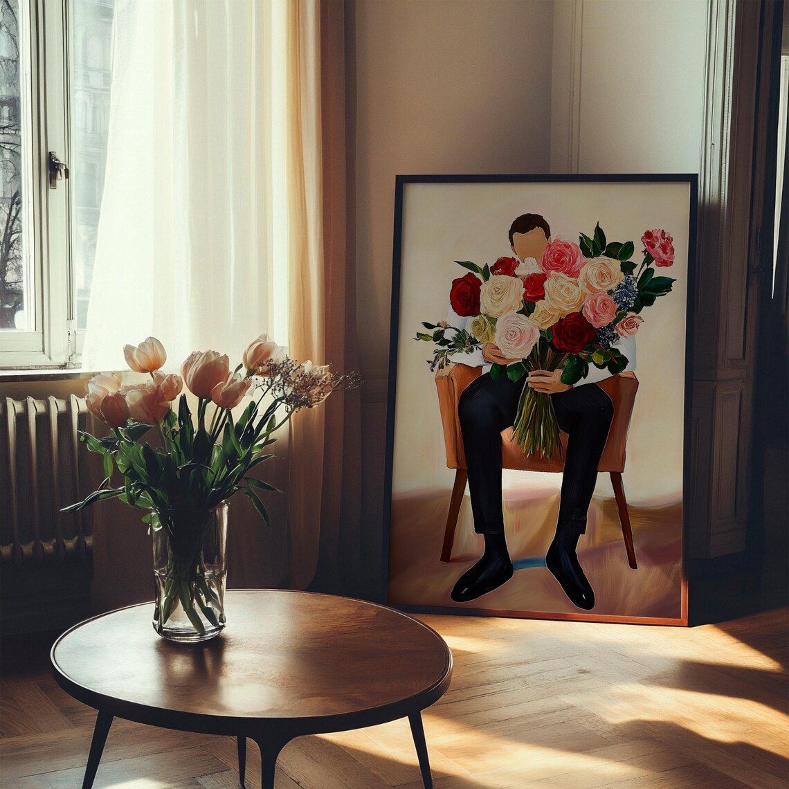 Colorful Seated Figure Huge Rose Bouquet Fauvist Oil Painting Poster - Image 4
