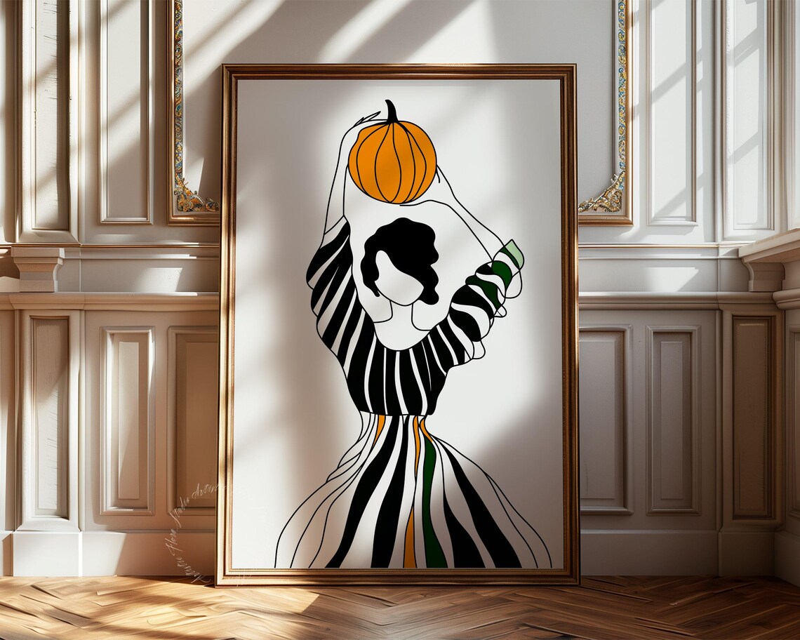 Woman Holding Pumpkin Overhead Striped Dress Fall Art Poster