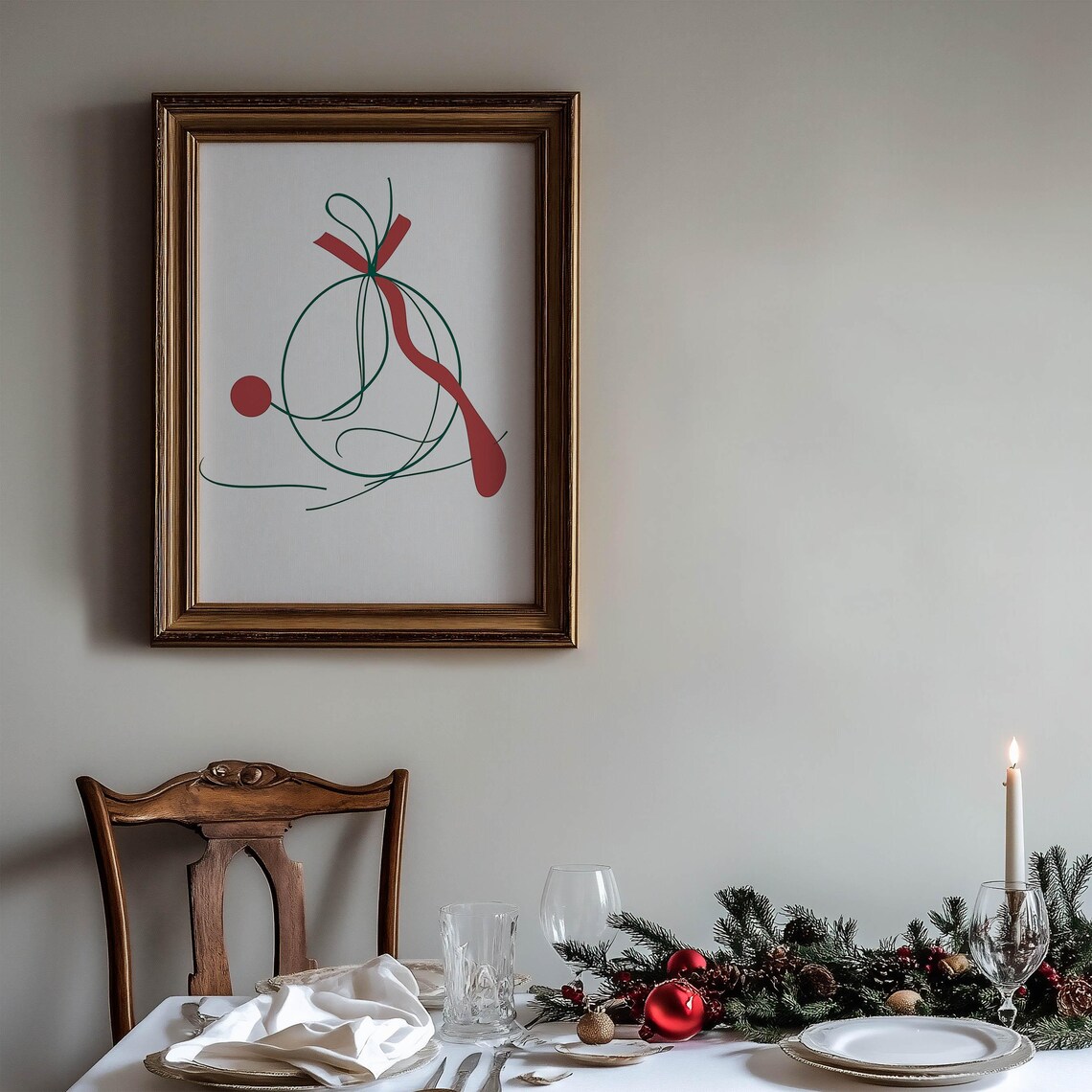 Minimalist Line Art Christmas Bauble With Red Ribbon Card Poster - Image 2